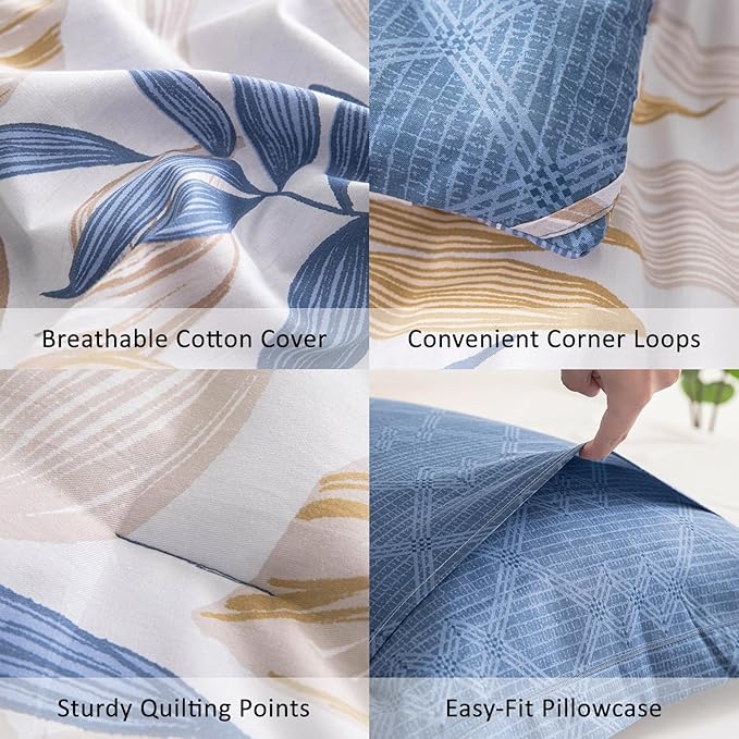 ALEISSEL Blue Botanical Cotton Comforter Queen Size - 3PC Lightweight Bedding Sets with Ultra-Soft Alternative Fill, Reversible Design with Leaf Pattern, Dark Blue & White (1 Comforter, 2 Pillowshams)