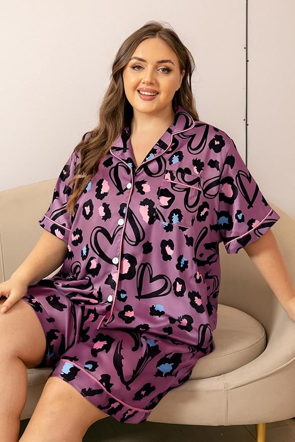 Vozanet Women's Short Sleeve Satin Pajama Sets Silky Ladies Button Down Loungewear Plus Size Nighty Shorts Sets XL to 5XL