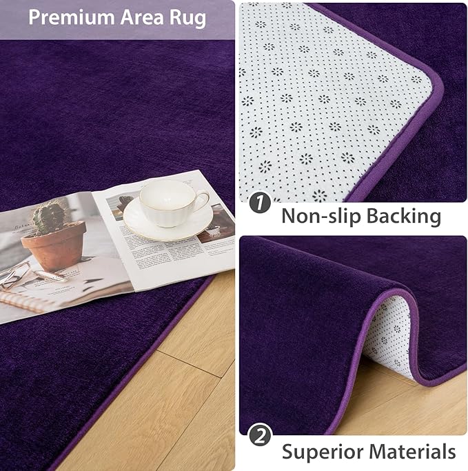 Softlife Purple Area Rug for Bedroom Living Room, Solid Non-Slip 6x9 Fluffy Carpet with Soft Low Pile for Kids Boys Girls, Machine Washable Fuzzy Aethetic Rugs Home Dorm Decor