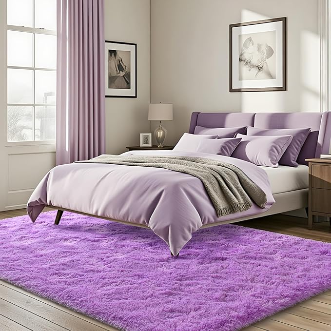 ISEAU Super Soft Fluffy Rugs Shag Area Rug, Mats for Bedroom Living Room Fuzzy Carpet Comfy Anti-Slip Mats Bedside Carpets for Boys Girls Kids Room Nursery Home Decor, 4ft x 6ft, Purple