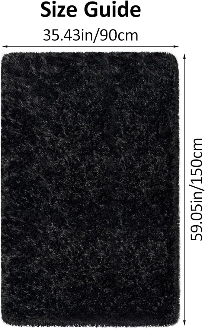 Black Shaggy Rugs for Bedroom Living Room 3x5 Plush Fluffy Rug Soft Fuzzy Fur Home Decor Non Slip Modern Indoor Furry Floor Carpet Throw Area Rug for Nursery Kids Boys Room Dorm Office
