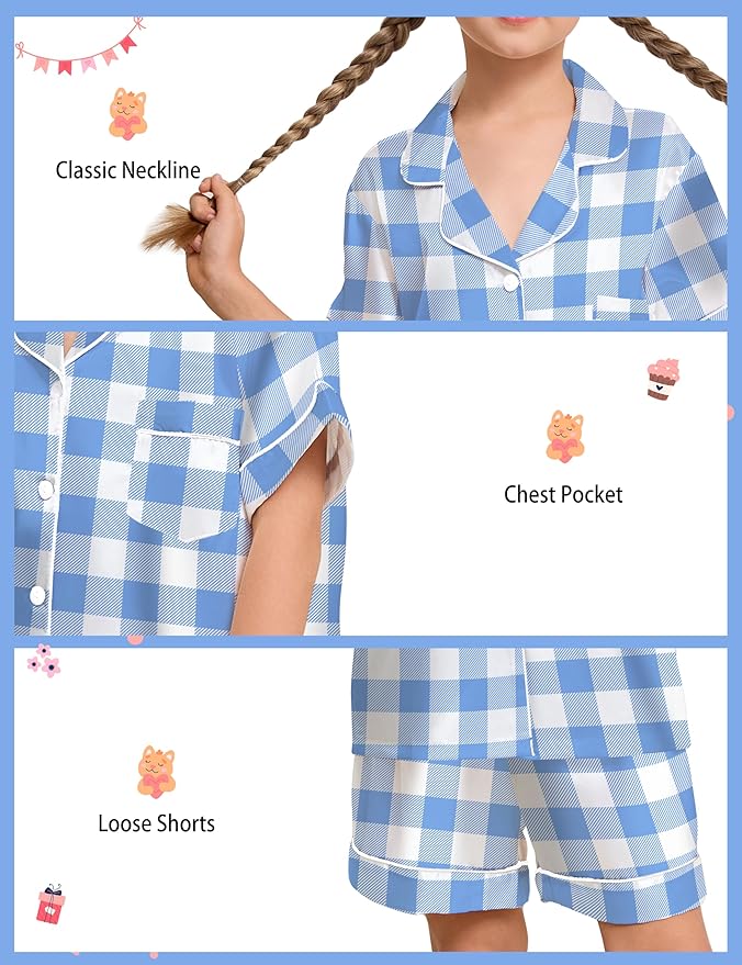 EPLAZA Kids Satin Pajamas Sets Girls Boys Button-Down Silky Pajamas Sleepwear with Hairband Eye Mask Hair Tie