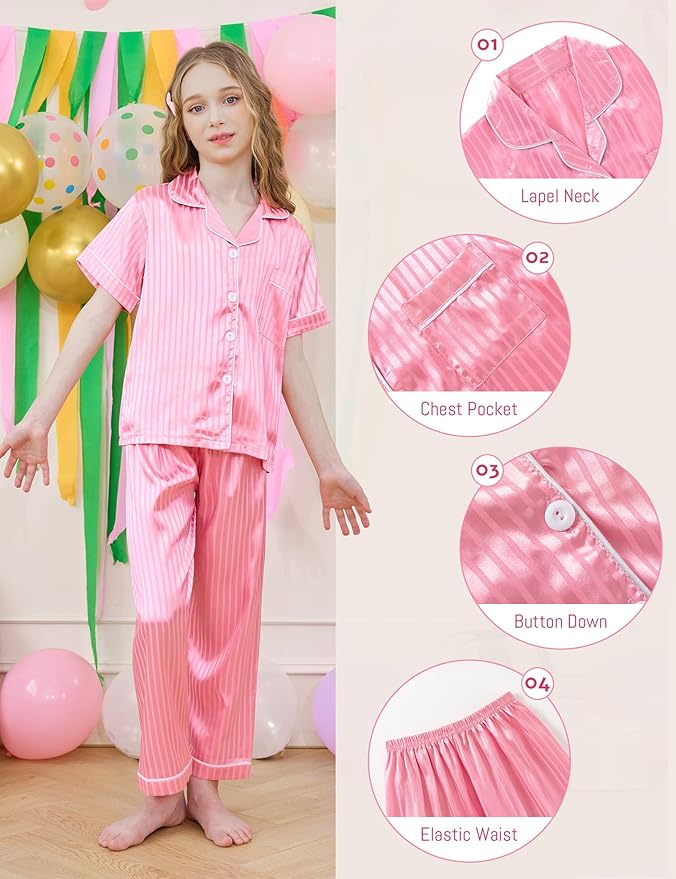 DIPUG 3 Piece Girls Silk Pajamas Set Soft Satin PJs Sleepwear for Comfortable Nights