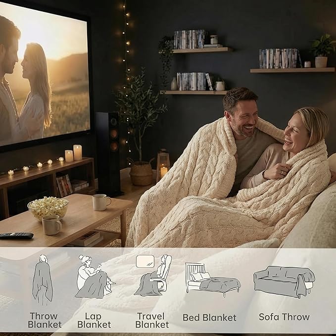 Cable Knit Throw Blanket 50x60 for Couch, Buttery Soft Textured Decorative Knit Blanket, Lightweight Microfiber Sofa Throw for Living Room, Farmhouse Home Decor, Ivory White