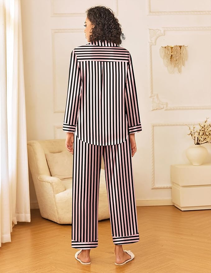 Ekouaer Womens Silk Satin Pajama Sets 2 Piece Sleepwear Pjs Set Long Sleeve Button Down Top and Pants Stripe Loungewear S-XXL