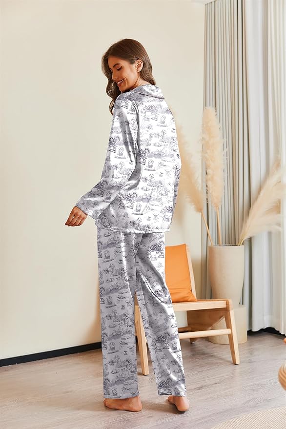 Ekouaer Pajamas For Women Set Silk Pjs 2 Piece Satin Sleepwear Long Sleeve Button Down Lounge Sets With Pant