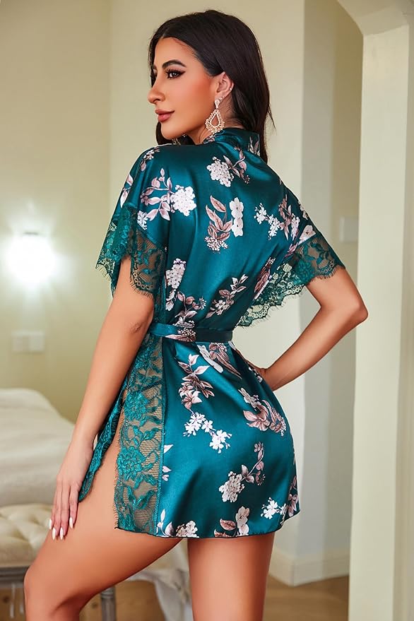 Avidlove Women Lingerie Robe Satin Sleepwear Eyelash Lace Kimono Side Split Sexy Silk Robes