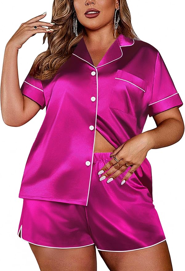 Ekouaer Womens Silk Satin Pajamas Set Short Sleeve Sleepwear Button Down Loungewear 2 Piece Pjs Shorts Set S-5X Plus Size