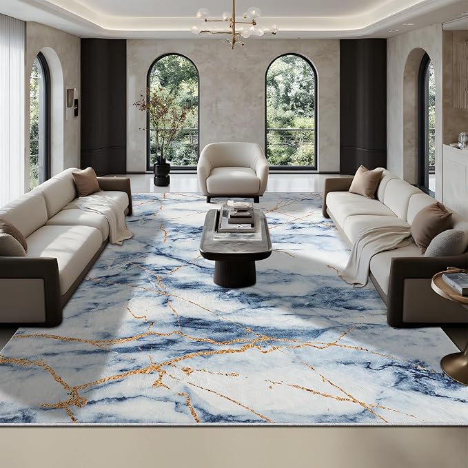 CRYPTOLITE Area Rugs 9x12 Rug for Living Room Abstract Washable Rug with Non-Slip Backing Low Pile Area Rugs for Bedroom, Dining Room, Blue