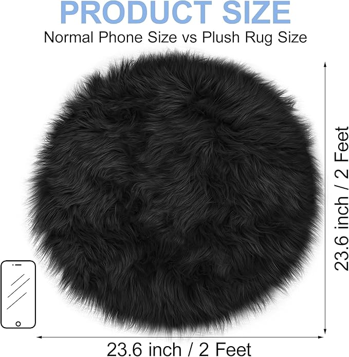 Small Black Round Rug 2ft for Bedroom, Faux Fur Fluffy Circle Rug Furry Carpet for Kids Room Teen's Room Nursery Desk, Plush Circular Shaggy Rug for Living Room Dorm Decor Aesthetic Black