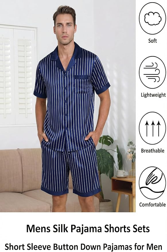Ekouaer Men Satin Silk Pajamas Set with Pockets Sleepwear Shorts Satin Summer Loungewear 2 Piece Button Down Set S-3XL