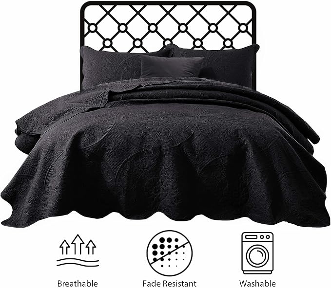 IR Imperial Rooms Twin Quilt Bedding Set Size (68” x 86”) + 1 Pillow Shams (20” x 26” + 2”) - 2 Pcs All Season Lightweight Reversible Microfiber Coverlet Floral Embossed Quilt Bedspread (Black)