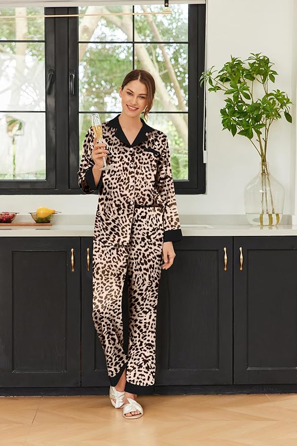 Ekouaer Silk Pajamas for Women Long Sleeve Satin Pajama Set Silky Pj Sets 2 Piece Button Down Loungewear Sleepwear