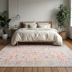 CRYPTOLITE Area Rug 4x6, Washable Faux Wool Throw Rugs for Living Room, Non Slip Low Pile Vintage Boho Carpet for Dining Room, Home Office, Bedroom, Kids Room, Bedside (Pink)