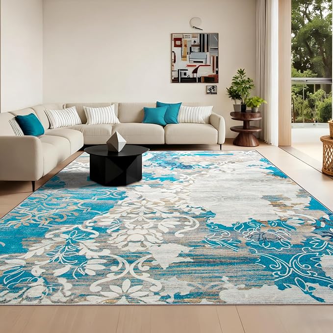 CRYPTOLITE Area Rugs 9x12 Rug for Living Room Abstract Washable Rug with Non-Slip Backing Low Pile Area Rugs for Bedroom, Dining Room, Blue