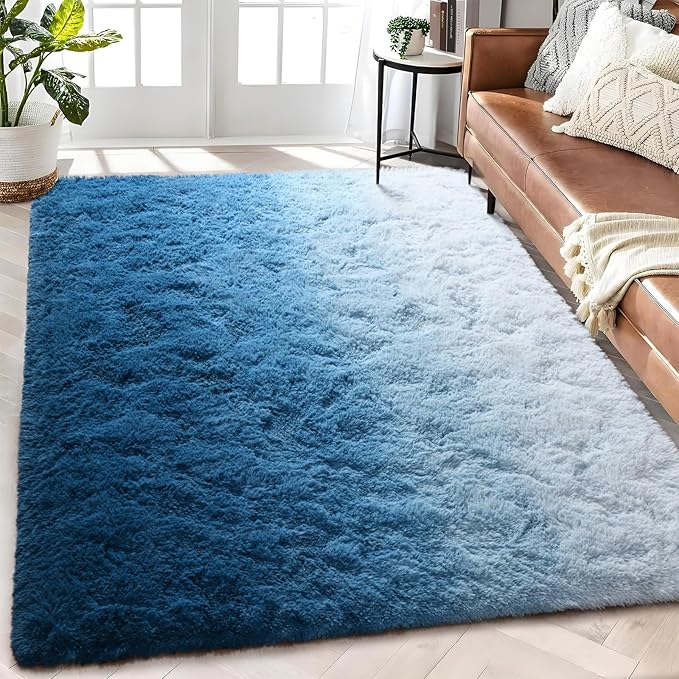 Navy Blue Area Rug 6x9 Large Rugs for Living Room Bedroom, Fluffy Cute Rug Modern Carpets for Kids Room, Non-Skid Rectangular Indoor Gradient Rug for Girls Boys Nursery Room Home Decor