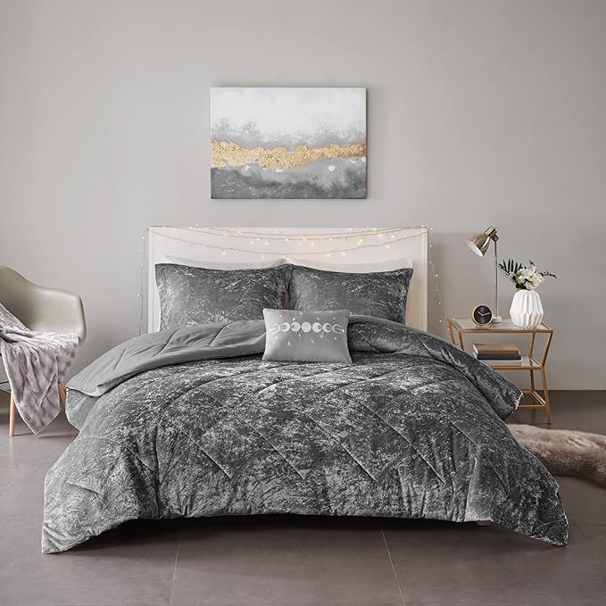 Intelligent Design Twin Comforter Set, Velvet Comforter Set , Luxury Diamond Quilting Comforter Set, Fluffy Comforter Bed Set with Decorative Pillowand 1 Sham, 3 Piece Grey, Twin/Twin XL