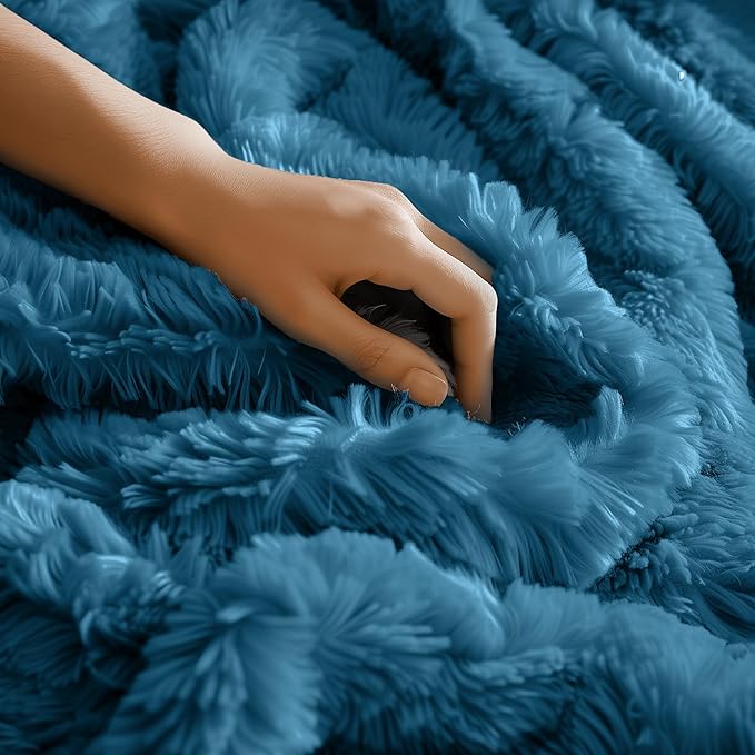 Hyde Lane Dark Teal Fuzzy Throw Blanket for Couch Sofa, Reversible Ultra Soft Faux Fur Throws, Plush Fluffy Blankets | 60x80 Peacock Blue