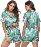 LecGee Womens Silk Satin Pajamas Short Sleeve Loungewear Two-Piece Sleepwear Button-Down Pj Set
