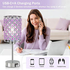 GyroVu Purple Crystal Table Lamps Set of 2, Dimmable Touch Control Bedside Lamps with USB C+A Ports, Small Night Lights for Bedroom, Living Room, Girls Room, Home Office, Bulbs Included