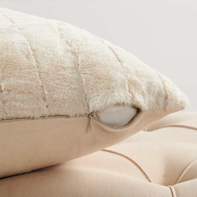 Striped Throw Blanket and Pillow Covers Set (No Inserts) for Couch and Bed, Plush Warm Lightweight Fuzzy Faux Fur Blanket for All Seasons (50" x 60", Cream)