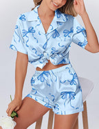 Ekouaer Womens Silk Satin Pajamas Set Animals Print Pjs Button Down Short Sleeve Lounge Set 2 Piece Sleepwear