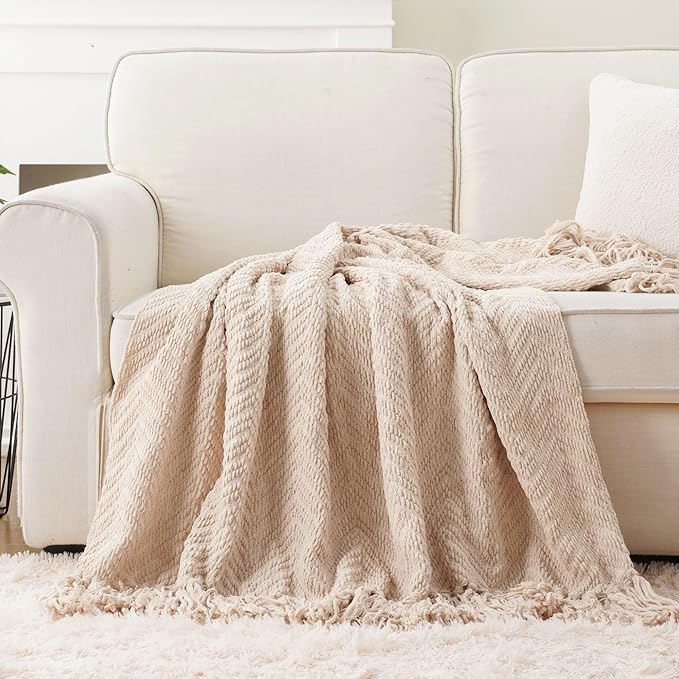 BATTILO HOME Beige Throw Blanket for Couch, Knitted Beige Throw for Bed, Neutral Throw Blankets Tan Throw Blanket for Room Decor Housewarming Gifts, 50" x 60"