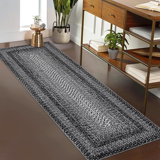 2x6 Boho Runner Rug Braided Print Hallway Area Rug Machine Washable Throw Floor Cover Non Slip Moroccan Runner Carpet for Kitchen Farmhouse Rustic Carpet for Living Room Bedroom, Black