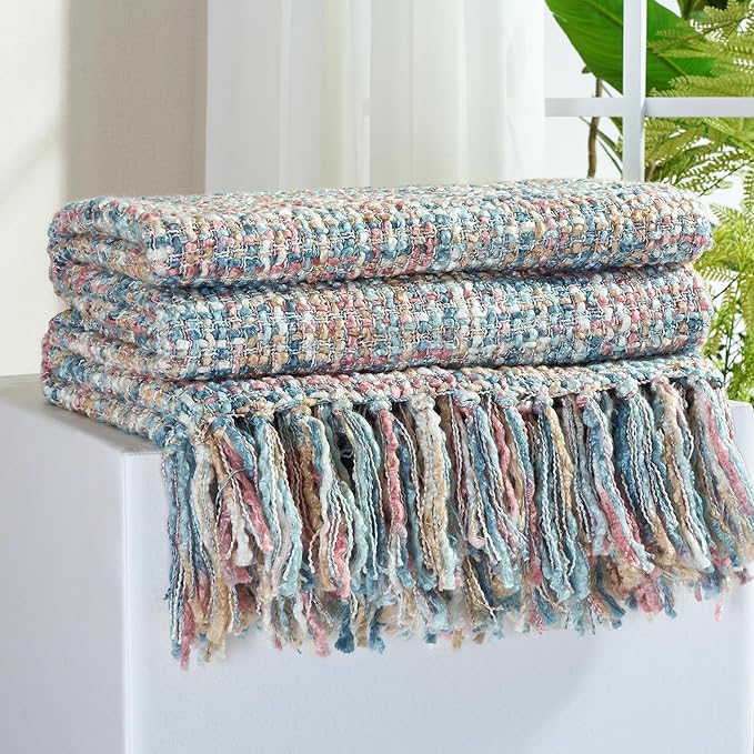 Multi-Color Pink Blue Cable Woven Throw Blanket for Couch,50"X60" Boho Style Textured Blankets for Home Decor,Super Soft Warm Cozy Chunky Blanket with Decorative Tassels for Bed