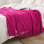 Homiest Decorative Knitted Throw with Fringe, Lightweight Acrylic Knit Blanket, Soft & Cozy Tassel for Couch Sofa Bed (Dark Pink, 50 x 60 Inch)