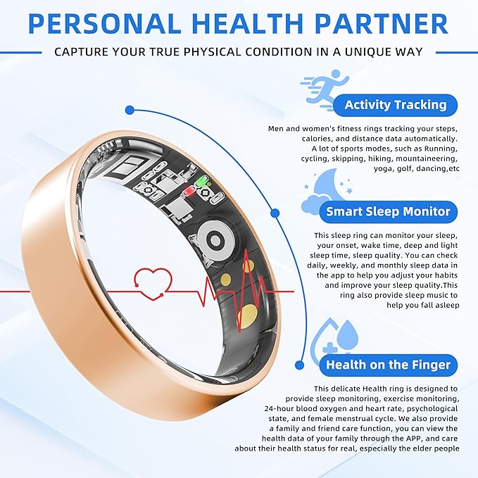 Smart Ring Health Tracking, Sleep Tracking, Heart Rate, Blood Oxygen, Blood Pressure，Fitness Ring, Activity Monitoring, 5 Days Battery, 5ATM Waterproof, No Subscription (Gold, 8#)