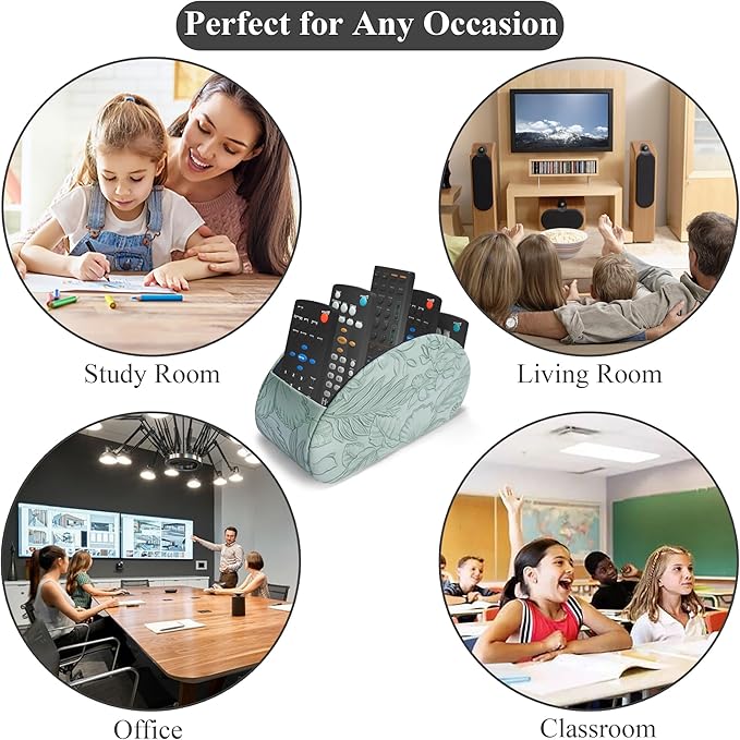 QIELIZI Remote Control Holder, PU Leather Remote Caddy Desktop Organizer with 5 Spacious Compartments for TV Remotes/Media Controllers/Office Supplies (1-Carved Green