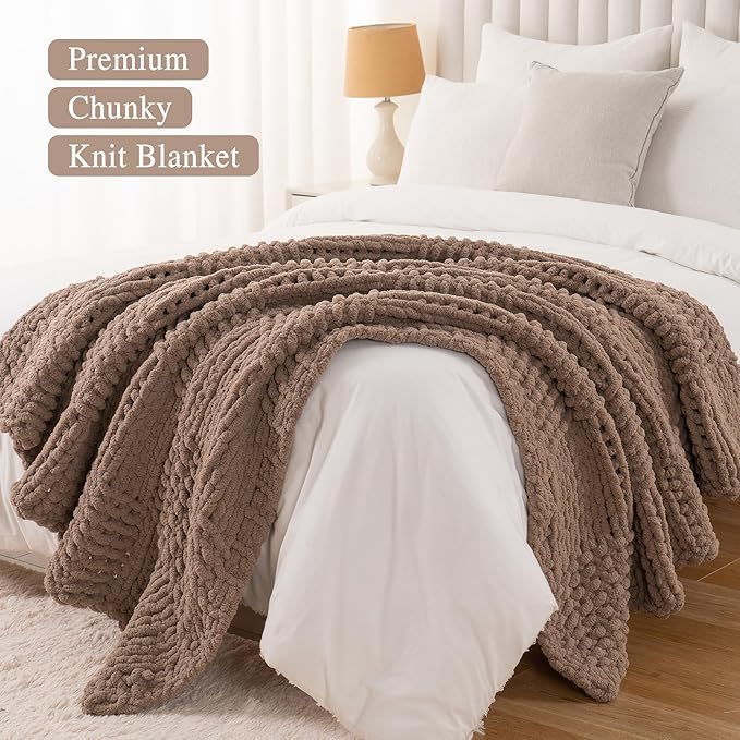 Bunnikins & Clover Beige Throw Blanket for Couch, Chunky Knit Beige Throw for Bed, Neutral Throw Blankets Tan Throw Blanket for Room Decor Housewarming Gifts, 50"x60"