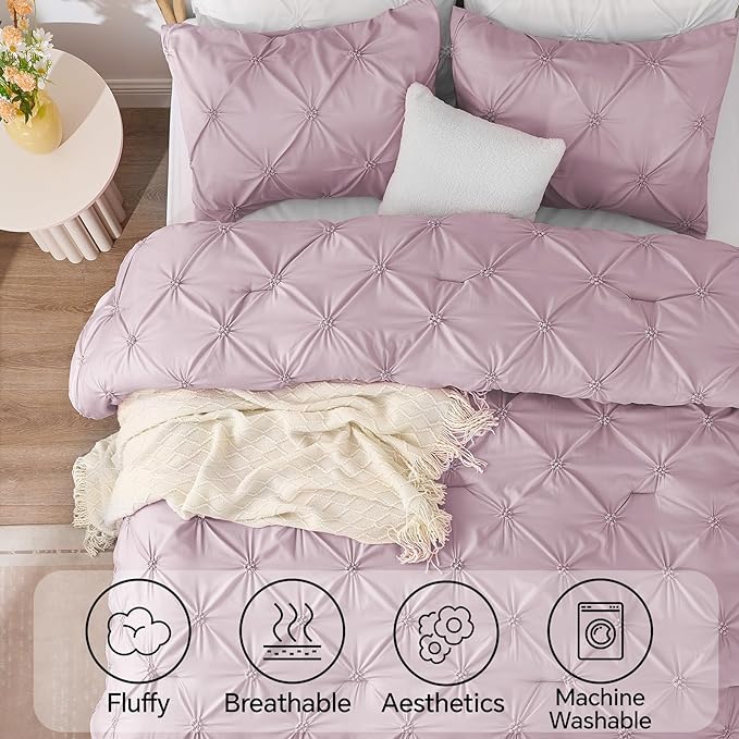 BEDELITE Light Purple Queen Comforter Set - 3 Pieces Boho Pintuck Bedding Comforter Sets, Lightweight Soft & Warm Bed Comforter Queen with 2 Pillowcases for All Season