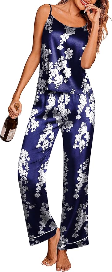 Ekouaer Women Silk Satin Pajamas Sleeveless Pjs Set 2 Piece Summer Loungewear Sleepwear with Pockets S-XXL