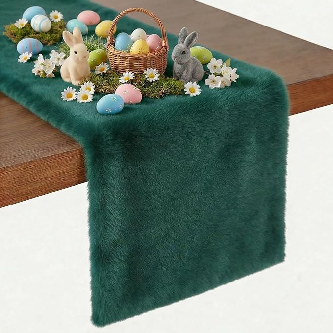 duduta Emerald Green Faux Fur Table Runner 48 inches Long, Fluffy Dresser Runner Covers Spring Easter Decor