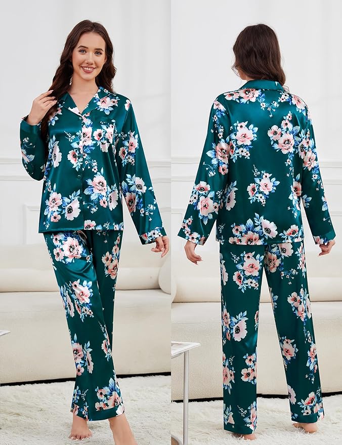 SWOMOG Long Sleeve Pajamas Set Silk Satin Sleepwear Button Down Pjs Loungewear with Pocket
