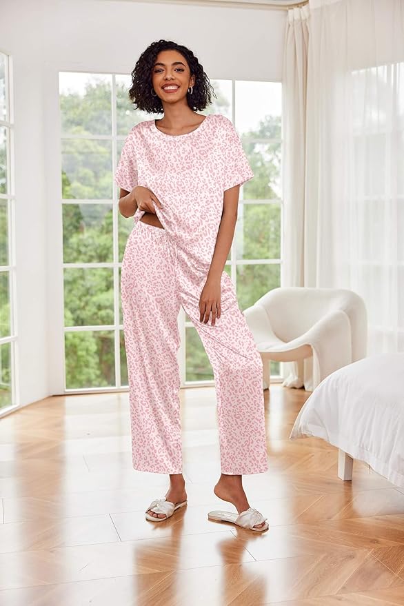 Ekouaer Womens Satin Silky Pajama Set Short Sleeve Shirt with Long Pajama Pant Set Soft PJ Loungewear