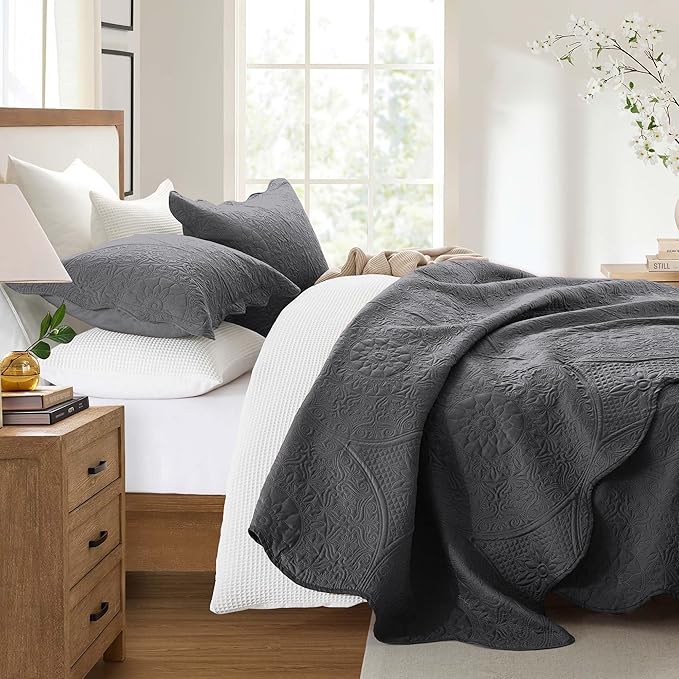 IR Imperial Rooms Twin Quilt Bedding Set Size (68” x 86”) + 1 Pillow Shams (20” x 26” + 2”) - 2 Pcs All Season Lightweight Reversible Microfiber Coverlet Floral Embossed Quilt Bedspread (Charcoal)