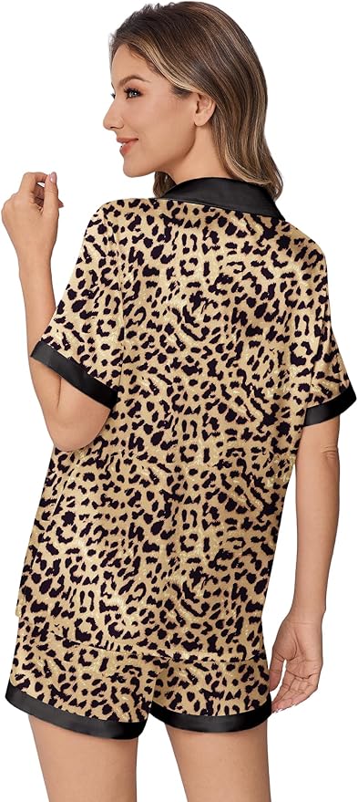 Ekouaer Womens Silk Satin Pajamas Set Animals Print Pjs Button Down Short Sleeve Lounge Set 2 Piece Sleepwear