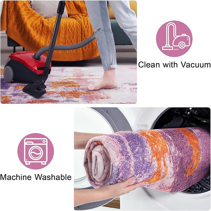 Area Rug 5x7 Washable Rugs Modern Abstract Area Rug Soft Non-Slip Non-Shedding Faux Wool Stain Resistant Floor Carpets for Living Room Bedroom Dining Room Kids Room Home Office (Purple, Multi)