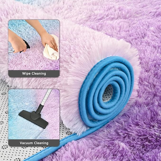 Purple Blue Area Rug 6x9 Large Rugs for Living Room Bedroom, Fluffy Cute Rug Modern Carpets for Kids Room, Non-Skid Rectangular Indoor Gradient Rug for Girls Boys Nursery Room Home Decor