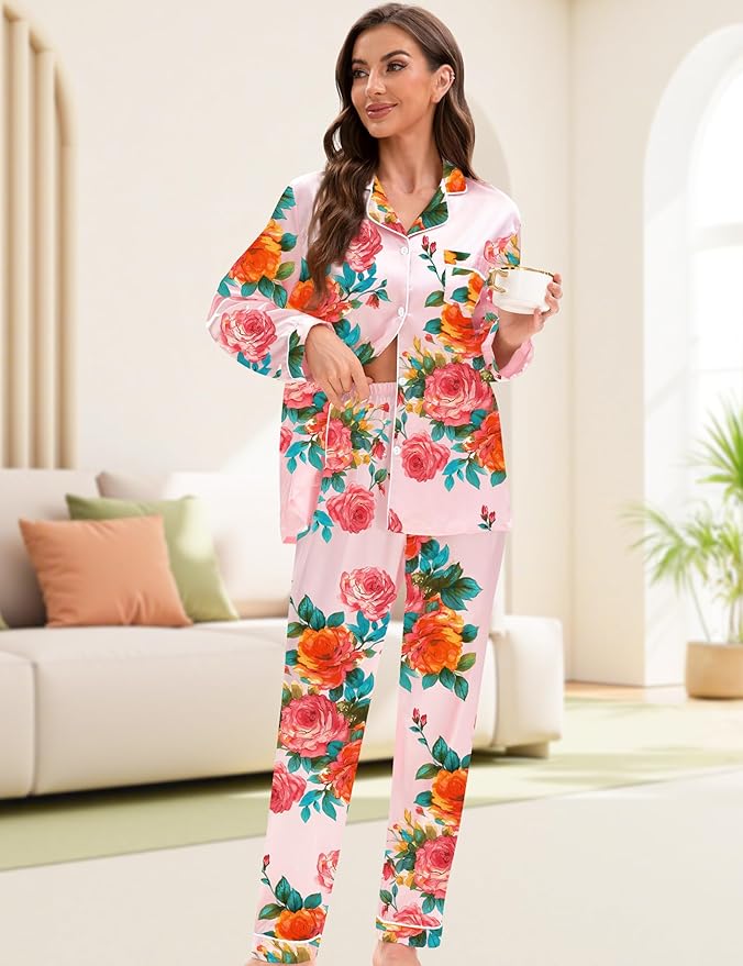 EPLAZA Silk Pajamas for Women Satin Pajamas Set 5 Pcs Long Sleeve Print Pattern Button Down Pjs Sleepwear Loungewear Set