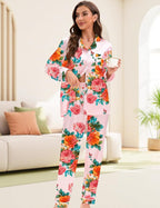 EPLAZA Silk Pajamas for Women Satin Pajamas Set 5 Pcs Long Sleeve Print Pattern Button Down Pjs Sleepwear Loungewear Set