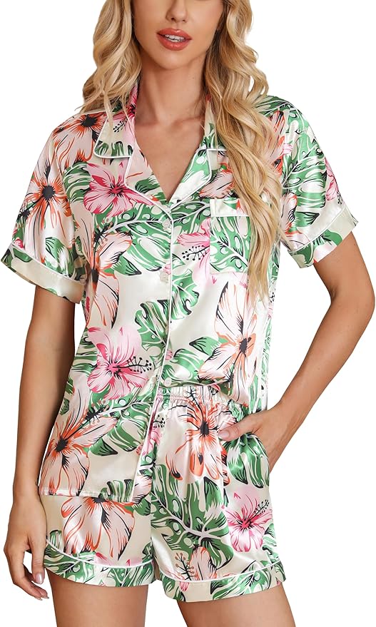 Samring Women's Silk Satin Pajamas Set Short Sleeve Sleepwear Two Piece Button Down Pj Set with Pockets S-XXL