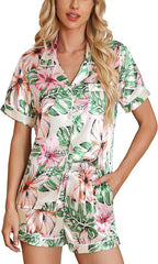 Samring Women's Silk Satin Pajamas Set Short Sleeve Sleepwear Two Piece Button Down Pj Set with Pockets S-XXL