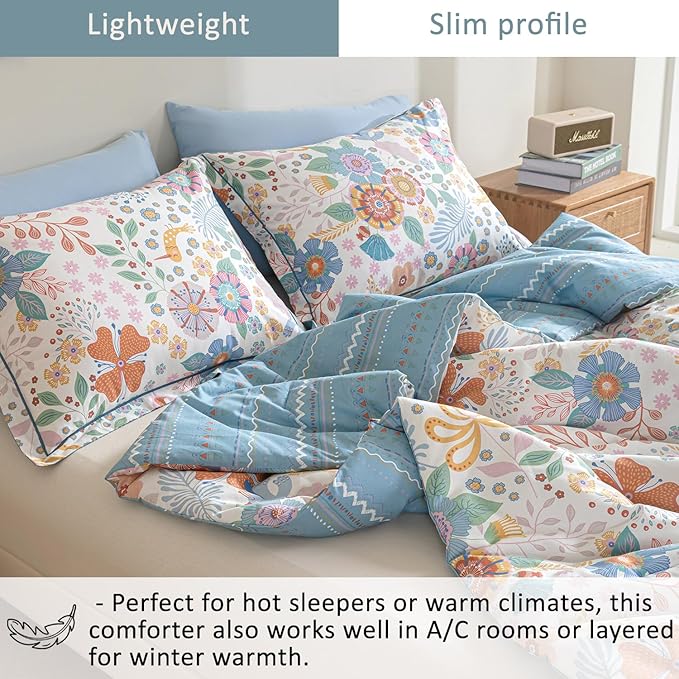 ALEISSEL Blue Floral Cotton Comforter Queen Size - Vibrant Artistic Blooms & Boho Geometric Patterns, White & Soft Blue, 3PC Lightweight Bedding Sets with Down Alternative Fill(90"×90")