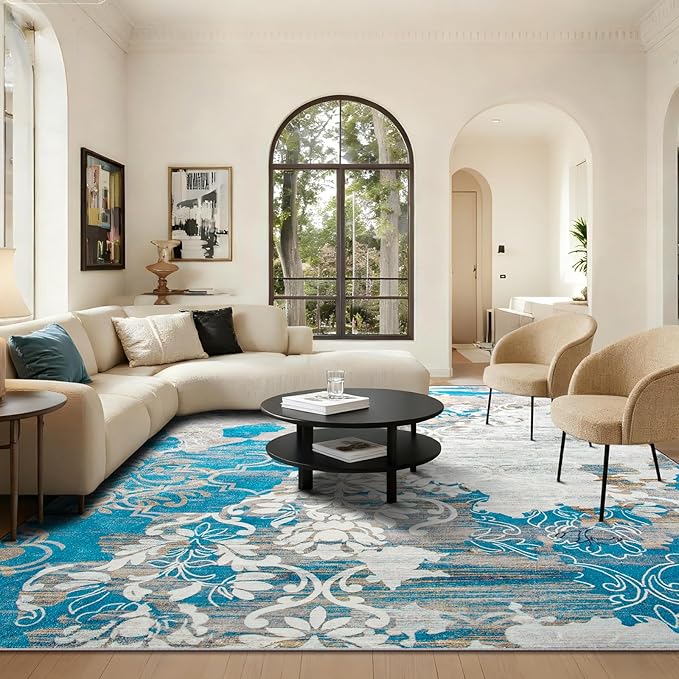 CRYPTOLITE Abstract Area Rug 5x7 Washable Rug with Non-Slip Backing Low Pile Area Rug Area Rugs for Living Room, Bedroom, Dining Room, Blue