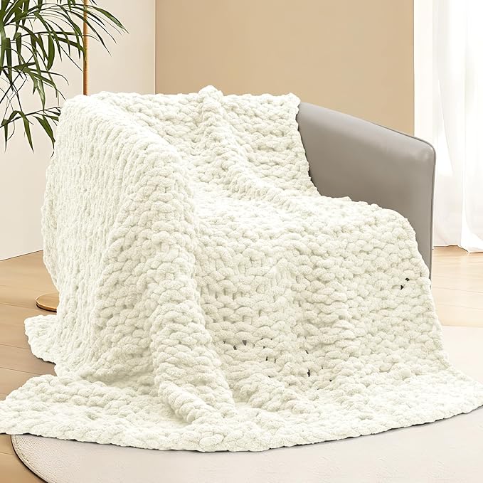 Chunky Knit Blanket Throw, 60x80inch Soft Chenille Yarn Throw, Handmade Warm Thick Cable Knit Crochet Blanket, Large Rope Knot Throw Blanket for Couch Bed Sofa,White