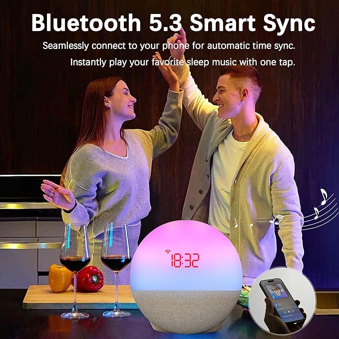 Sunrise Alarm Clock Wake Up Light, White Noise Machine Sleep Aid with 8 Soothing Sounds, Bluetooth Speaker & 10 Color RGB Atmosphere Lights, Dual Alarms, Dimmable Natural Light for Bedroom